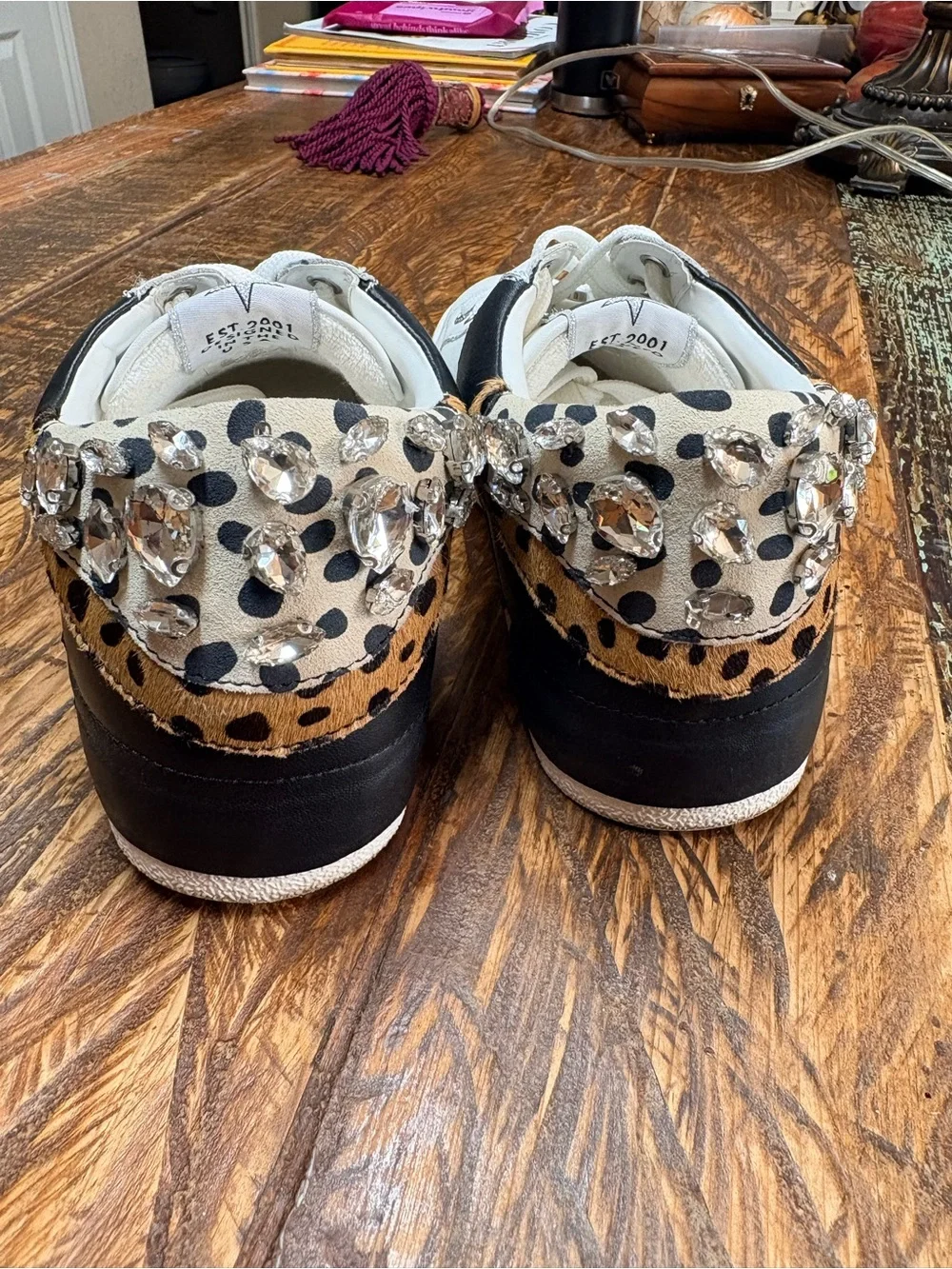Gianni Bini White Black Leopard Crystal Heel Low Top Leather Sneakers Size 9